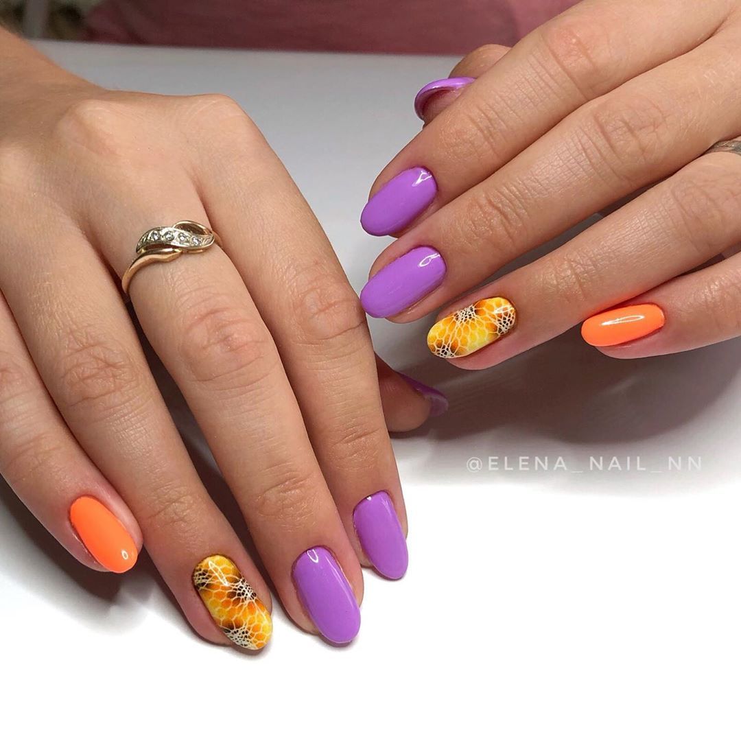 Ногти фиолетово оранжевый маникюр