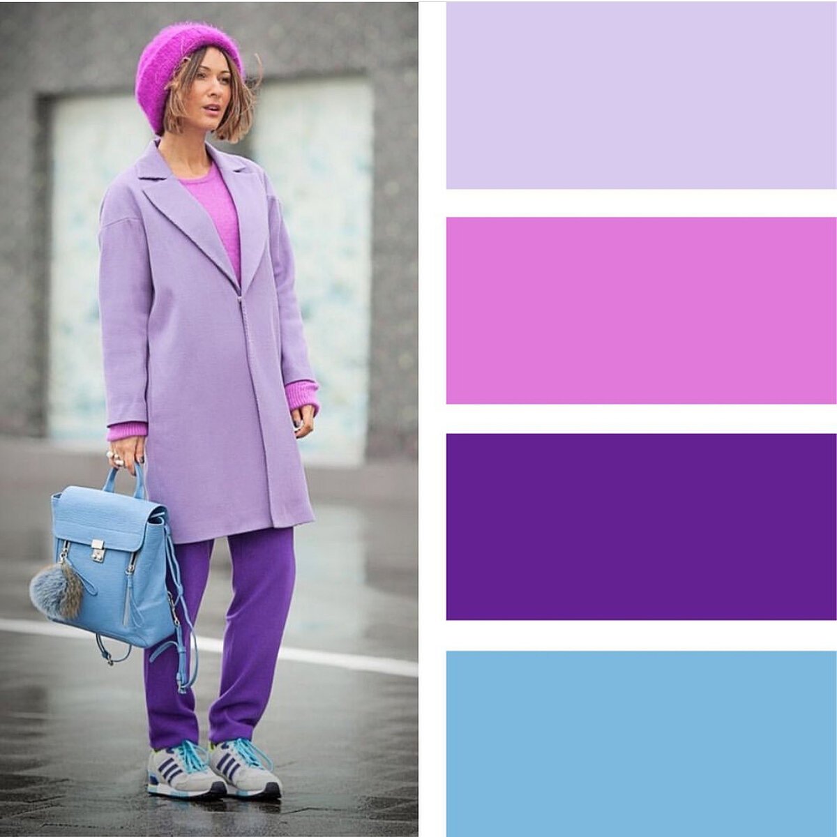 С какими цветами сочетается фиолетовый цвет в одежде женщины фото