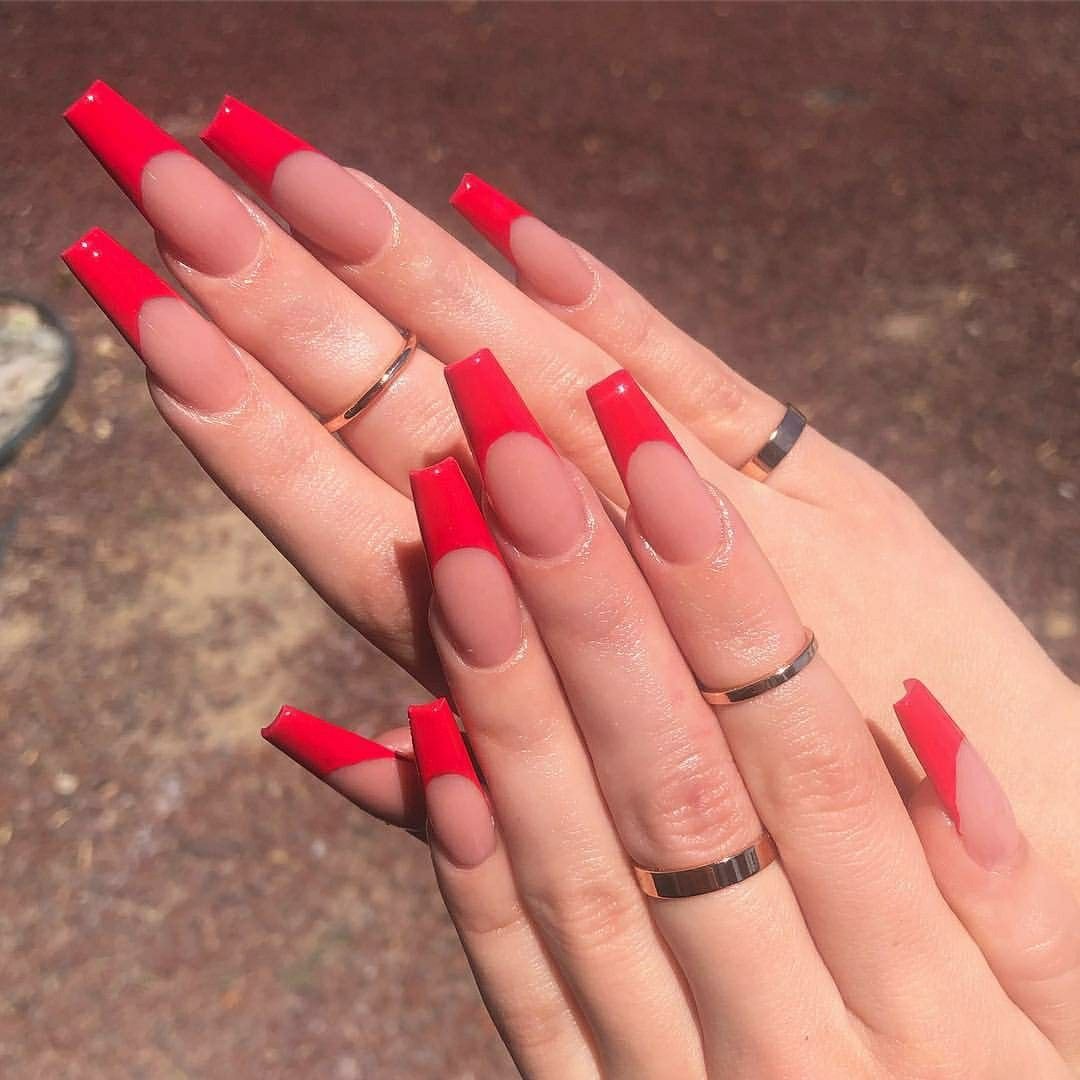 Красный френч на длинные ногти