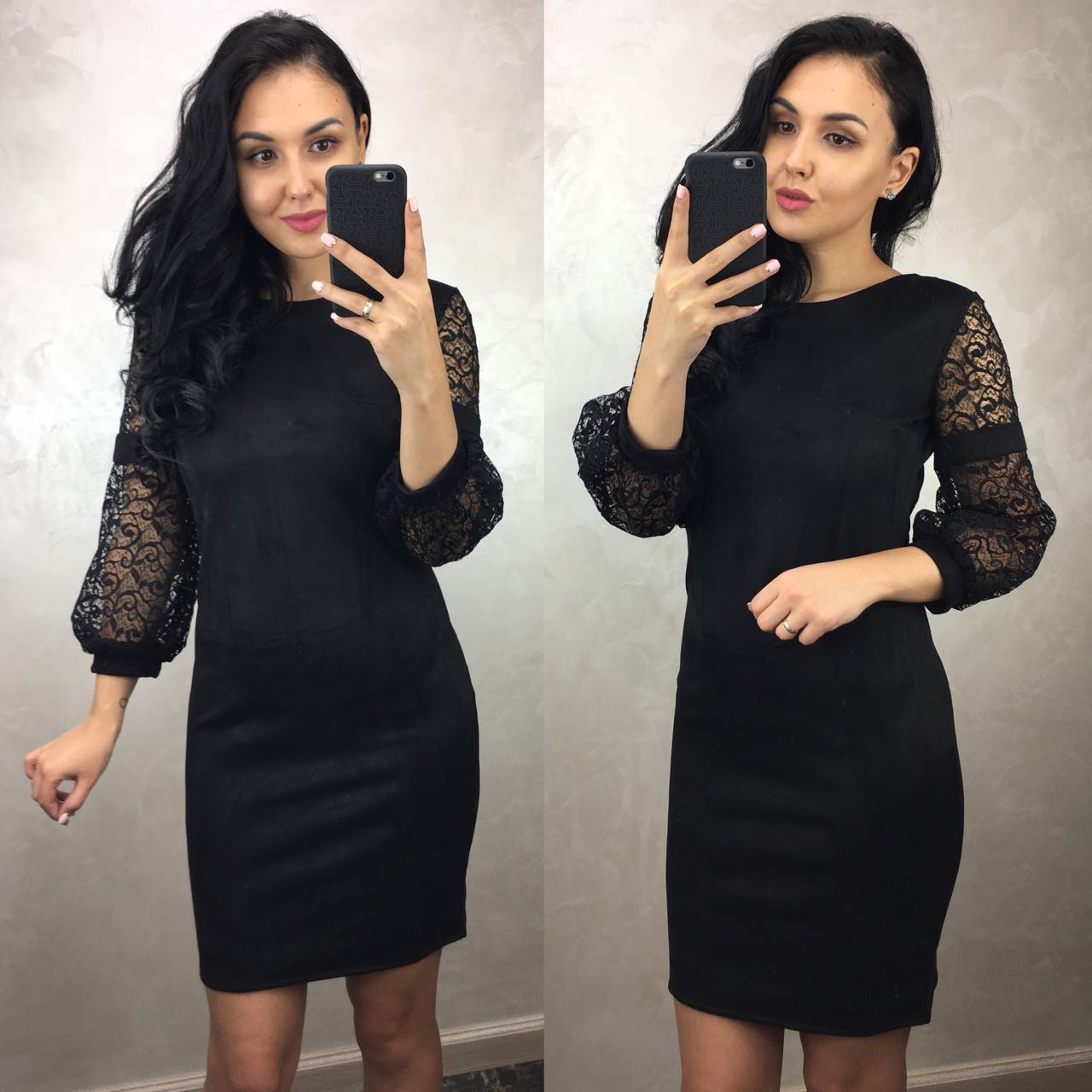 Черное платье с кружевными рукавами